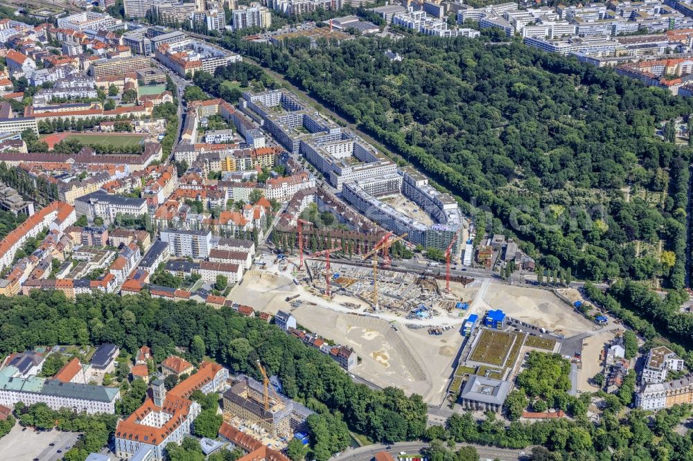 München from the bird's eye view: Construction site to build a new multi-family residential complex Am Nockherberg - Regerstrasse - Poppelstrasse in the district Au-Haidhausen in Munich in the state Bavaria, Germany