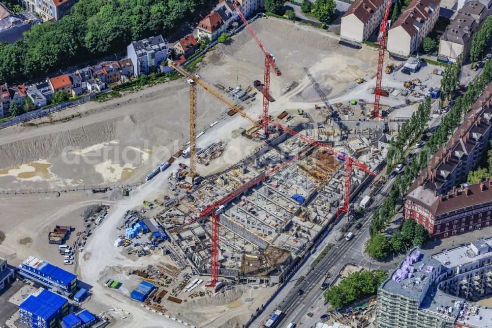 München from the bird's eye view: Construction site to build a new multi-family residential complex Am Nockherberg - Regerstrasse - Poppelstrasse in the district Au-Haidhausen in Munich in the state Bavaria, Germany