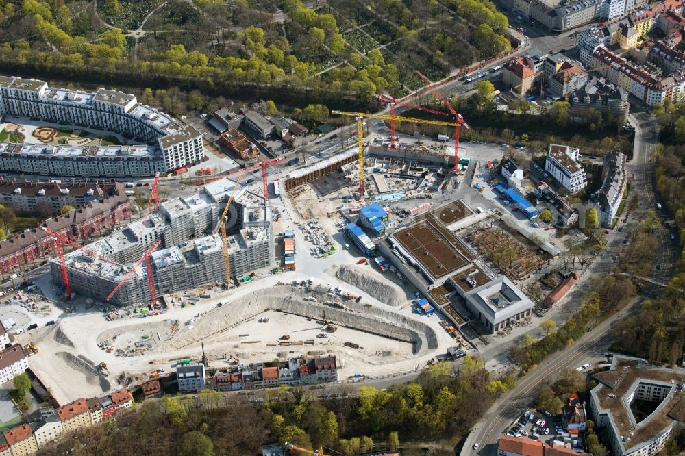 München from above - Construction site to build a new multi-family residential complex Am Nockherberg - Regerstrasse - Poppelstrasse in the district Au-Haidhausen in Munich in the state Bavaria, Germany