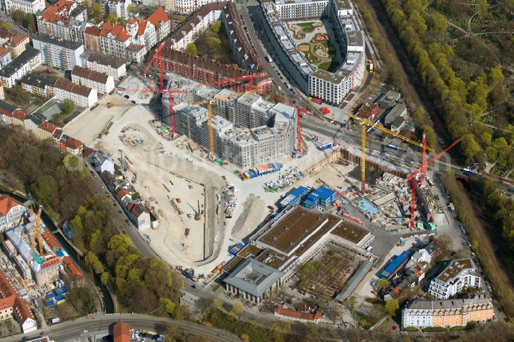 München from the bird's eye view: Construction site to build a new multi-family residential complex Am Nockherberg - Regerstrasse - Poppelstrasse in the district Au-Haidhausen in Munich in the state Bavaria, Germany