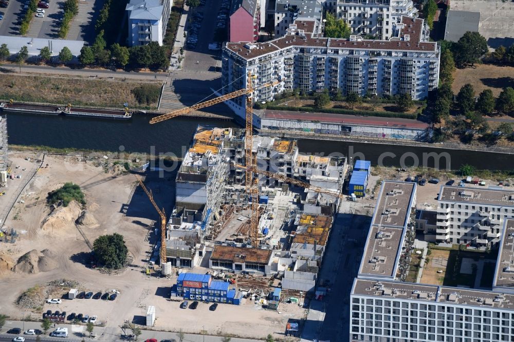 Berlin from the bird's eye view: Construction site to build a new multi-family residential complex THE ONE of BUWOG AG on Heidestrasse destrict Moabit in Berlin, Germany