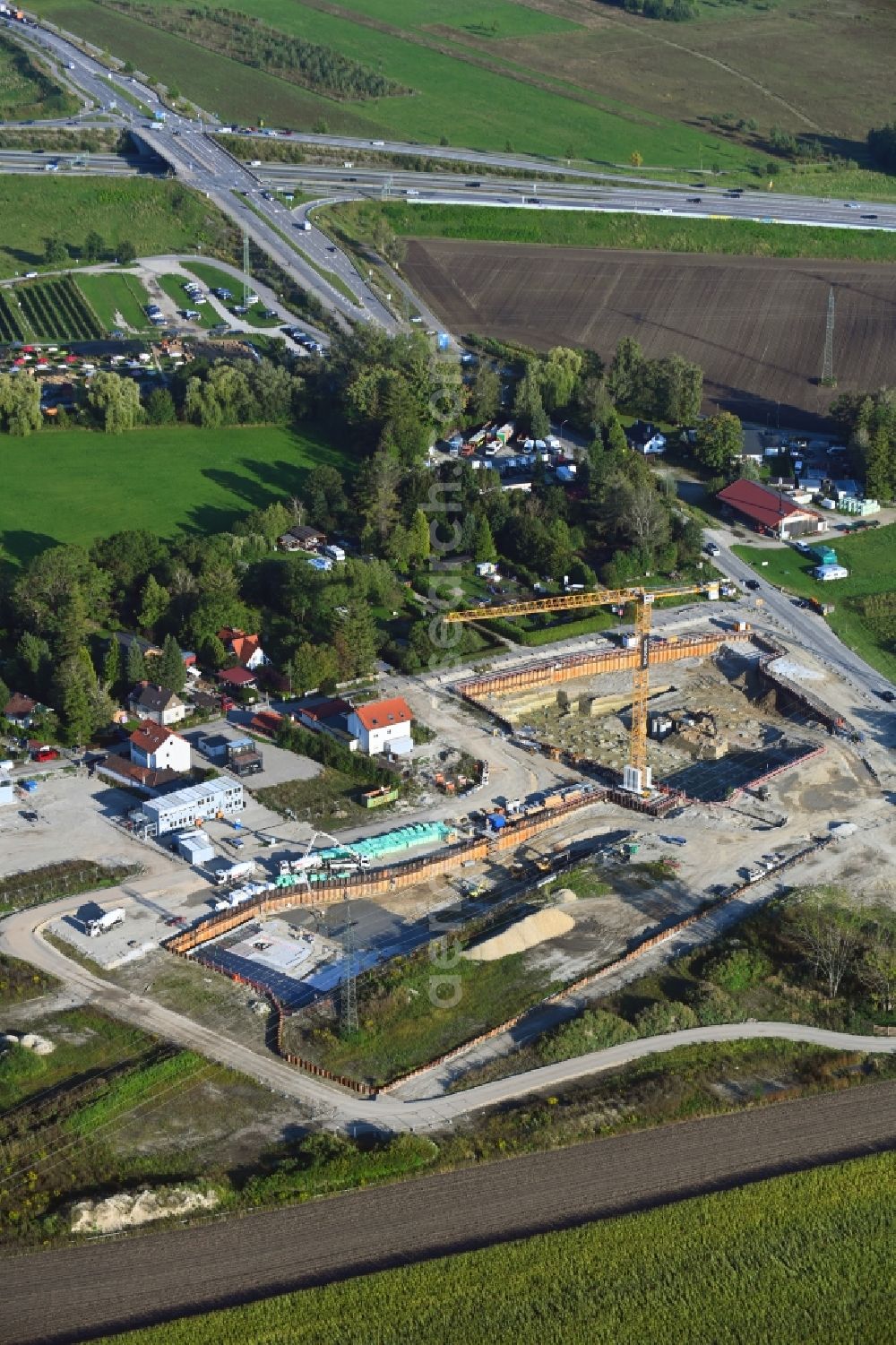 Aerial photograph München - Construction site to build a new multi-family residential complex in the district Aubing-Lochhausen in Munich in the state Bavaria, Germany