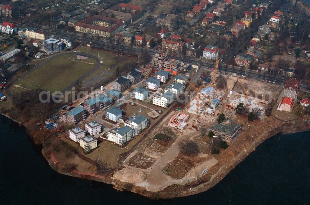 Potsdam from the bird's eye view: Building site to the new building of a block of flats-residential arrangement in the district northern suburb in Potsdam in the federal state Brandenburg - scanned after original presentation -