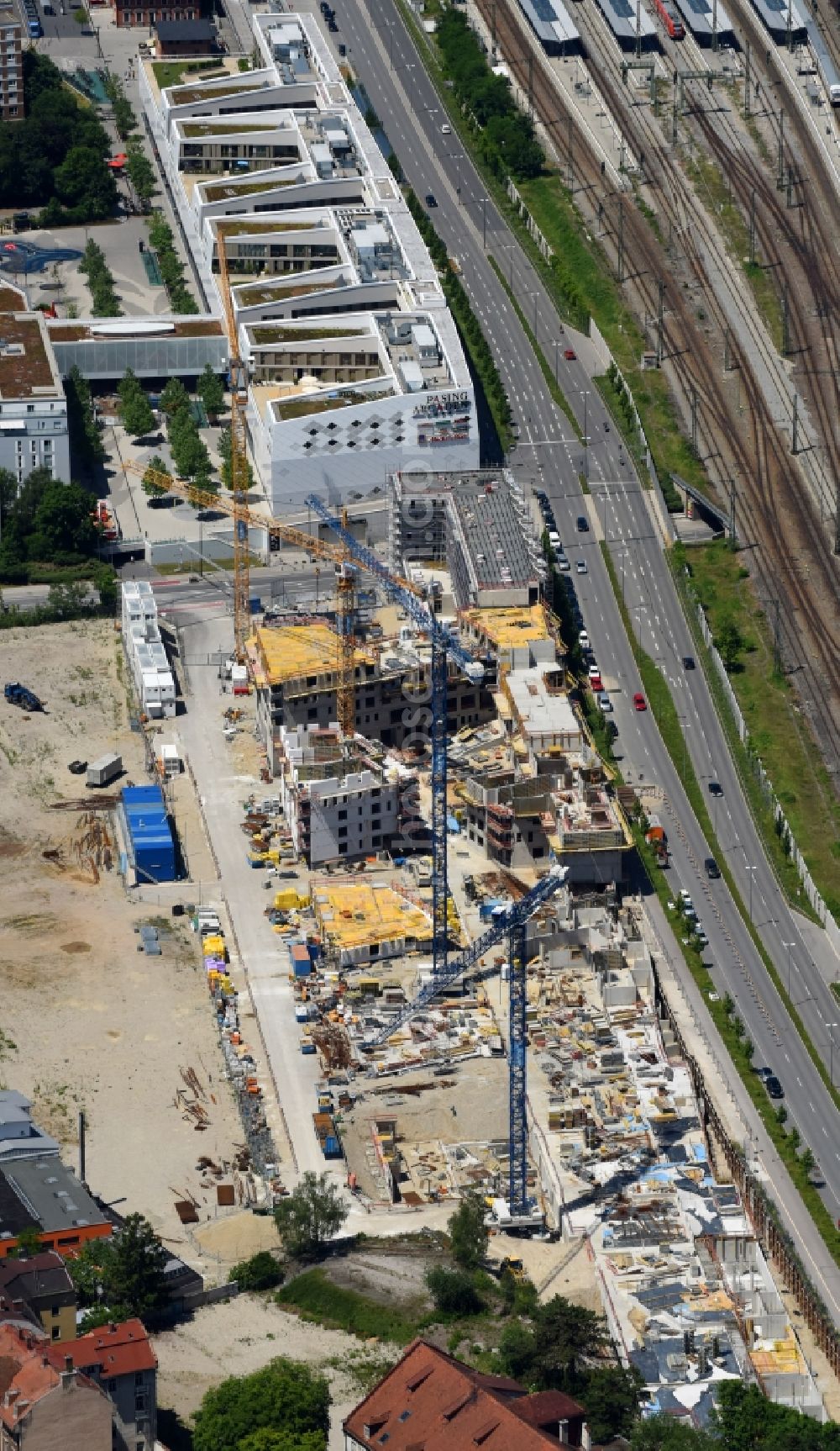 Aerial photograph München - Construction site to build a new multi-family residential complex Kafler Strasse - Landsberger Strasse - Offenbachstrasse in the district Pasing-Obermenzing in Munich in the state Bavaria, Germany