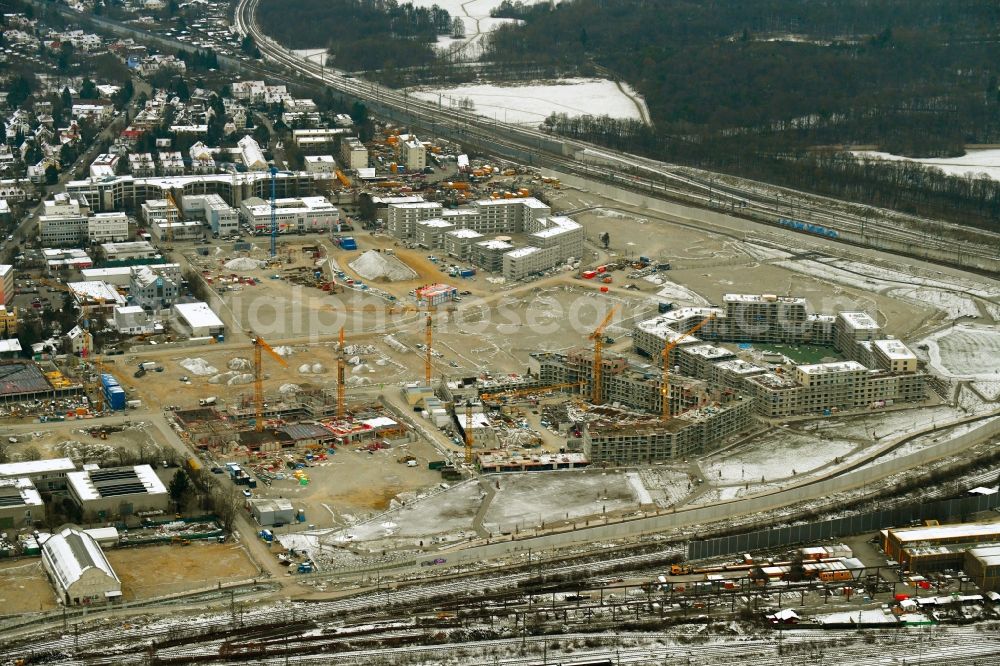 München from the bird's eye view: Construction site to build a new multi-family residential complex of GVG Grandstuecks- Verwaltungs- and -Verwertungsgesellschaft mbH on Paul-Gerhardt-Allee in the district Pasing-Obermenzing in Munich in the state Bavaria, Germany