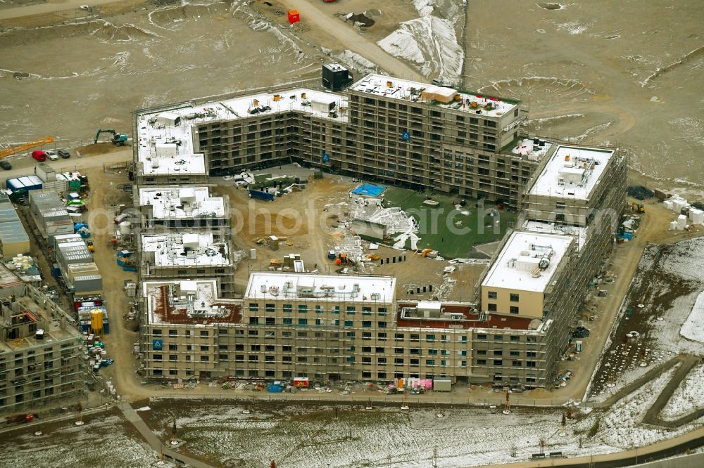 München from above - Construction site to build a new multi-family residential complex of GVG Grandstuecks- Verwaltungs- and -Verwertungsgesellschaft mbH on Paul-Gerhardt-Allee in the district Pasing-Obermenzing in Munich in the state Bavaria, Germany