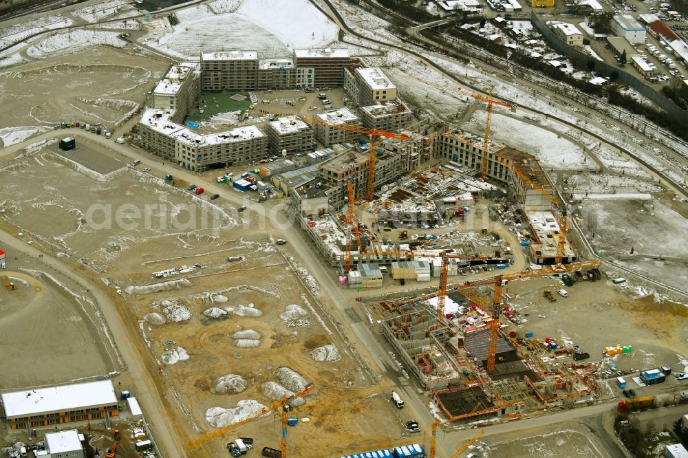 München from above - Construction site to build a new multi-family residential complex of GVG Grandstuecks- Verwaltungs- and -Verwertungsgesellschaft mbH on Paul-Gerhardt-Allee in the district Pasing-Obermenzing in Munich in the state Bavaria, Germany