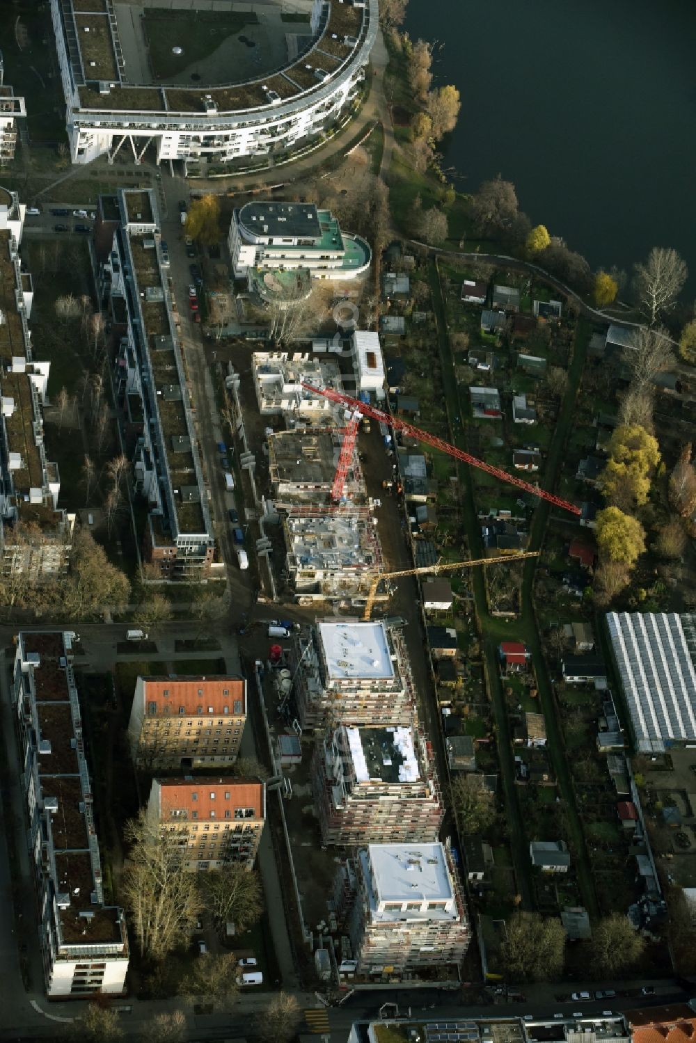 Berlin from above - Construction site to build a new multi-family residential complex on o Palmkernzeile island Halbinsel Stralau in Berlin in Germany