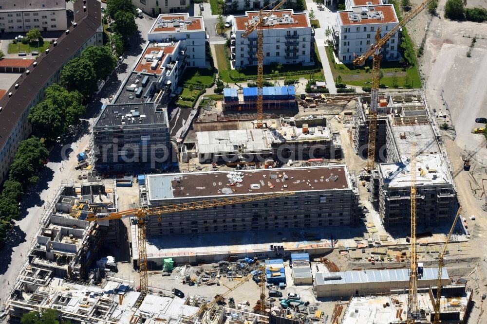 Aerial photograph München - Construction site to build a new multi-family residential complex PANDION GARDENS of PANDION AG on Arnulfstrasse - Schaeringerstrasse in the district Neuhausen-Nymphenburg in Munich in the state Bavaria, Germany