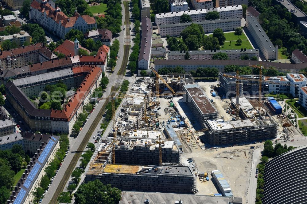 München from above - Construction site to build a new multi-family residential complex PANDION GARDENS of PANDION AG on Arnulfstrasse - Schaeringerstrasse in the district Neuhausen-Nymphenburg in Munich in the state Bavaria, Germany