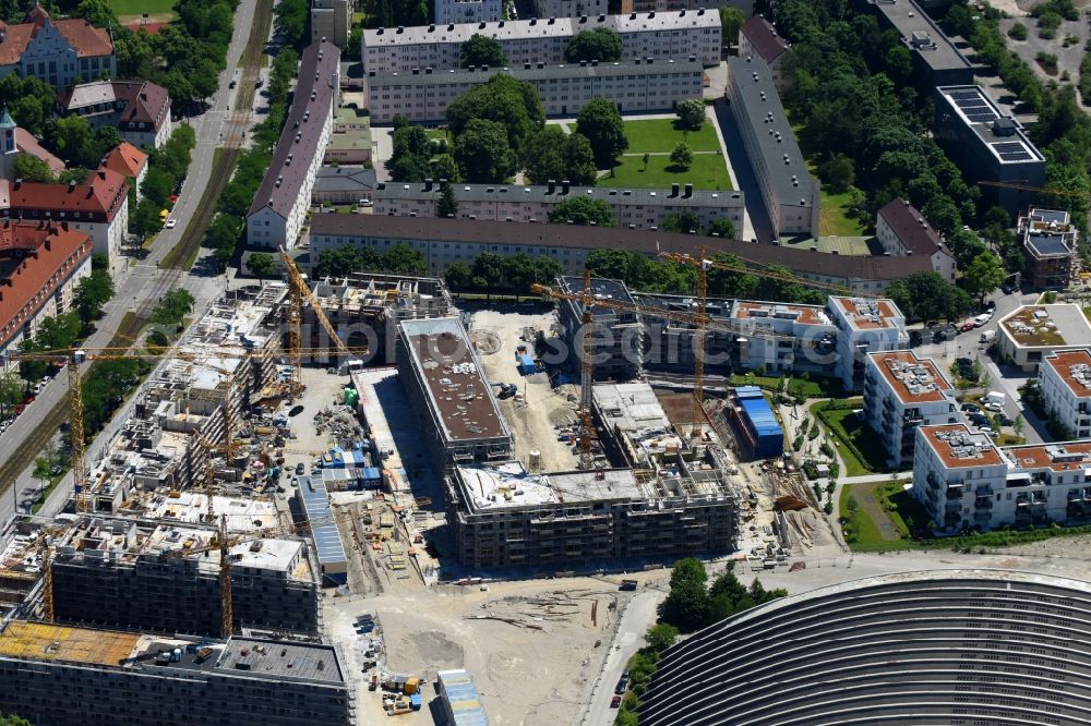 München from the bird's eye view: Construction site to build a new multi-family residential complex PANDION GARDENS of PANDION AG on Arnulfstrasse - Schaeringerstrasse in the district Neuhausen-Nymphenburg in Munich in the state Bavaria, Germany