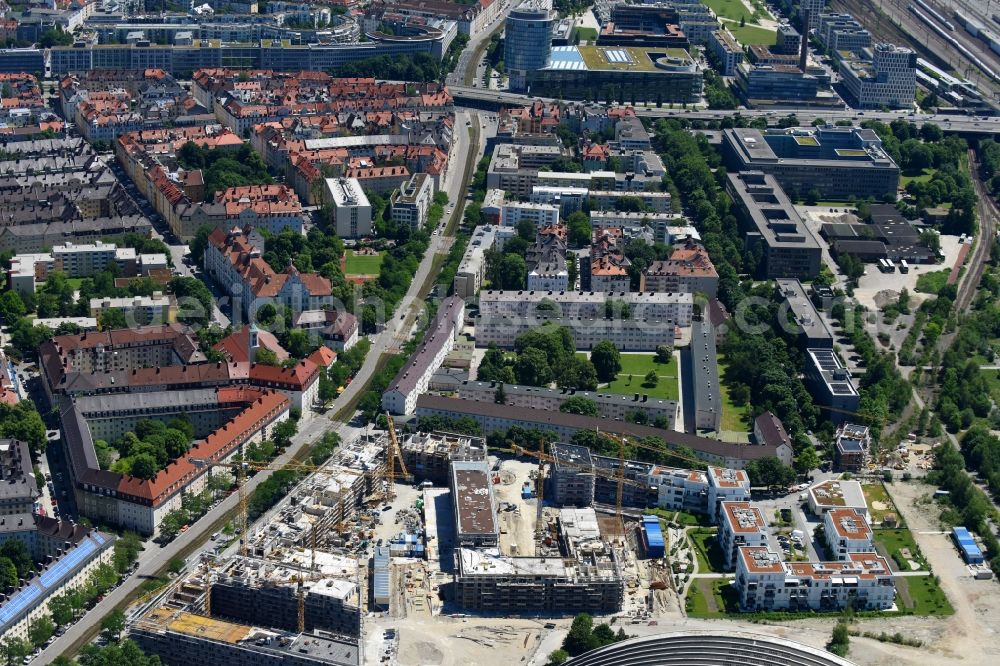 Aerial image München - Construction site to build a new multi-family residential complex PANDION GARDENS of PANDION AG on Arnulfstrasse - Schaeringerstrasse in the district Neuhausen-Nymphenburg in Munich in the state Bavaria, Germany