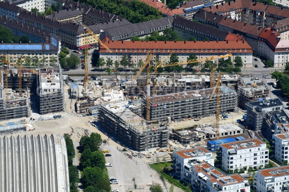 München from above - Construction site to build a new multi-family residential complex PANDION GARDENS of PANDION AG on Arnulfstrasse - Schaeringerstrasse in the district Neuhausen-Nymphenburg in Munich in the state Bavaria, Germany