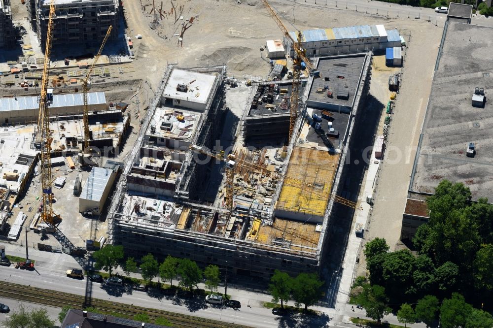 München from the bird's eye view: Construction site to build a new multi-family residential complex PANDION GARDENS of PANDION AG on Arnulfstrasse - Schaeringerstrasse in the district Neuhausen-Nymphenburg in Munich in the state Bavaria, Germany