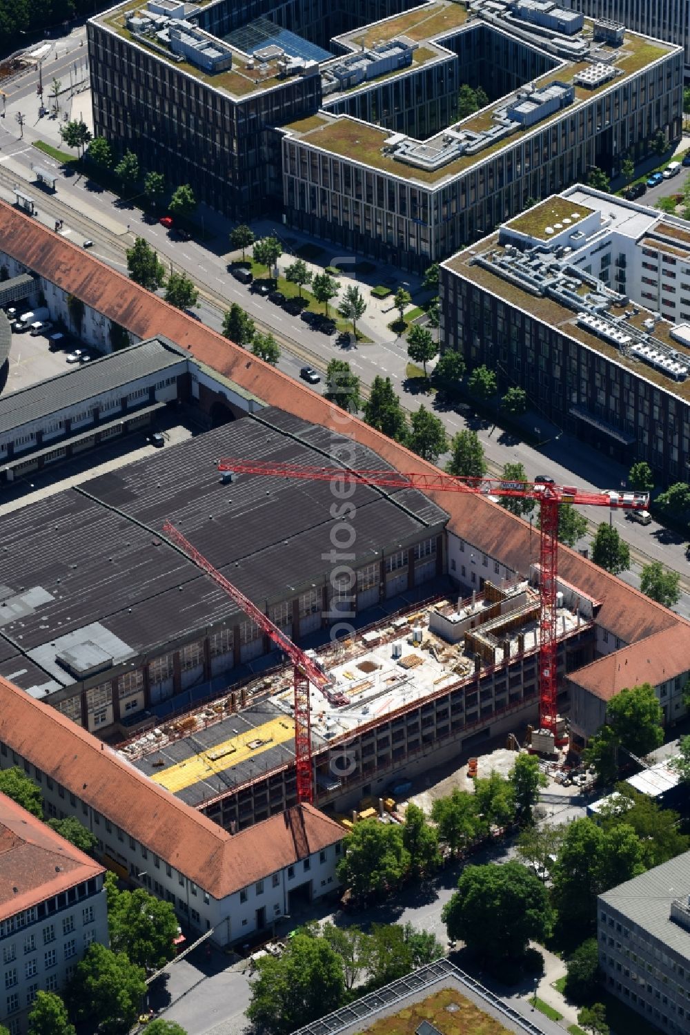 München from above - Construction site to build a new multi-family residential complex of PANDION AG on Deroystrasse corner Arnulfstrasse in the district Maxvorstadt in Munich in the state Bavaria, Germany