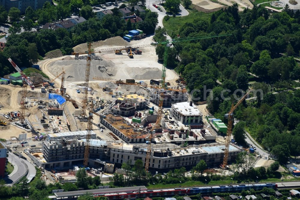 München from above - Construction site to build a new multi-family residential complex a??ParkStylea?? in the district Aubing-Lochhausen-Langwied in Munich in the state Bavaria, Germany