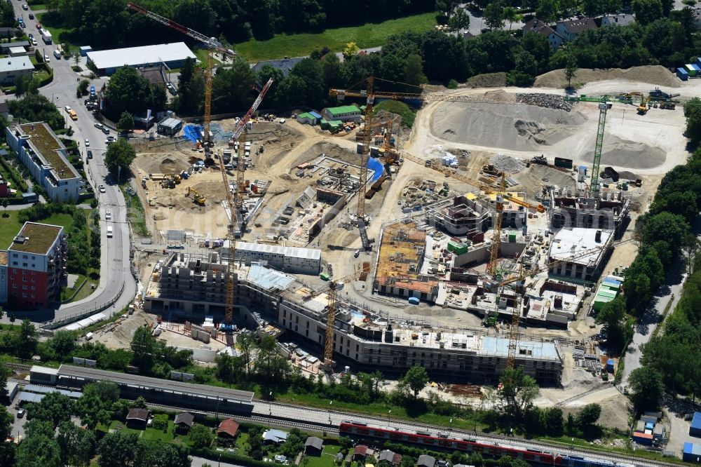 München from above - Construction site to build a new multi-family residential complex a??ParkStylea?? in the district Aubing-Lochhausen-Langwied in Munich in the state Bavaria, Germany