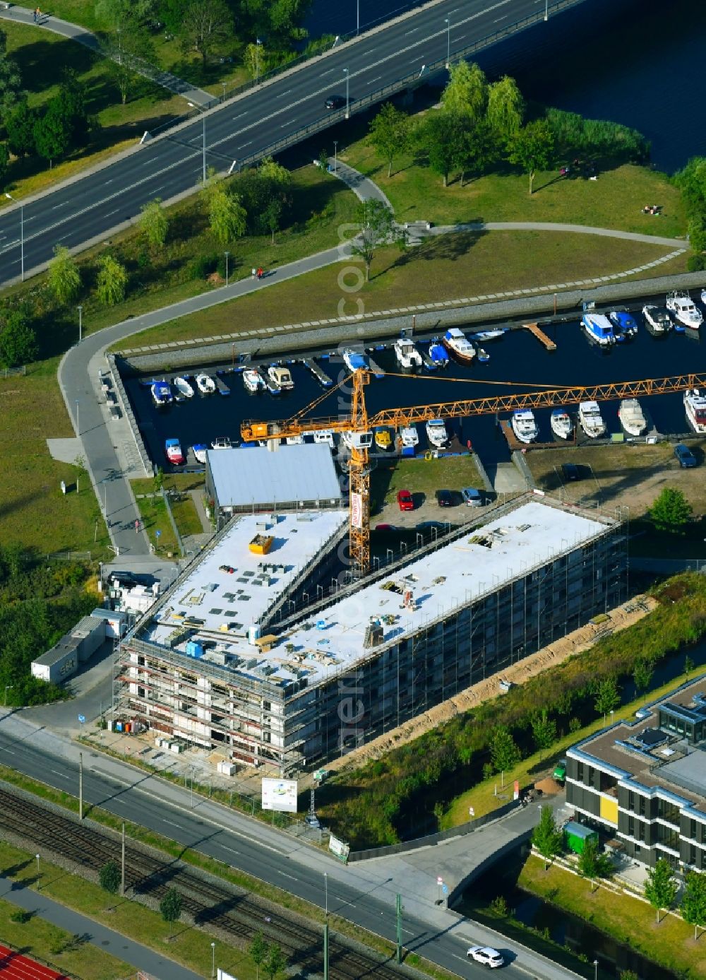 Rostock from above - Construction site to build a new multi-family residential complex PIER48 Bei of Petribleiche in Rostock in the state Mecklenburg - Western Pomerania, Germany