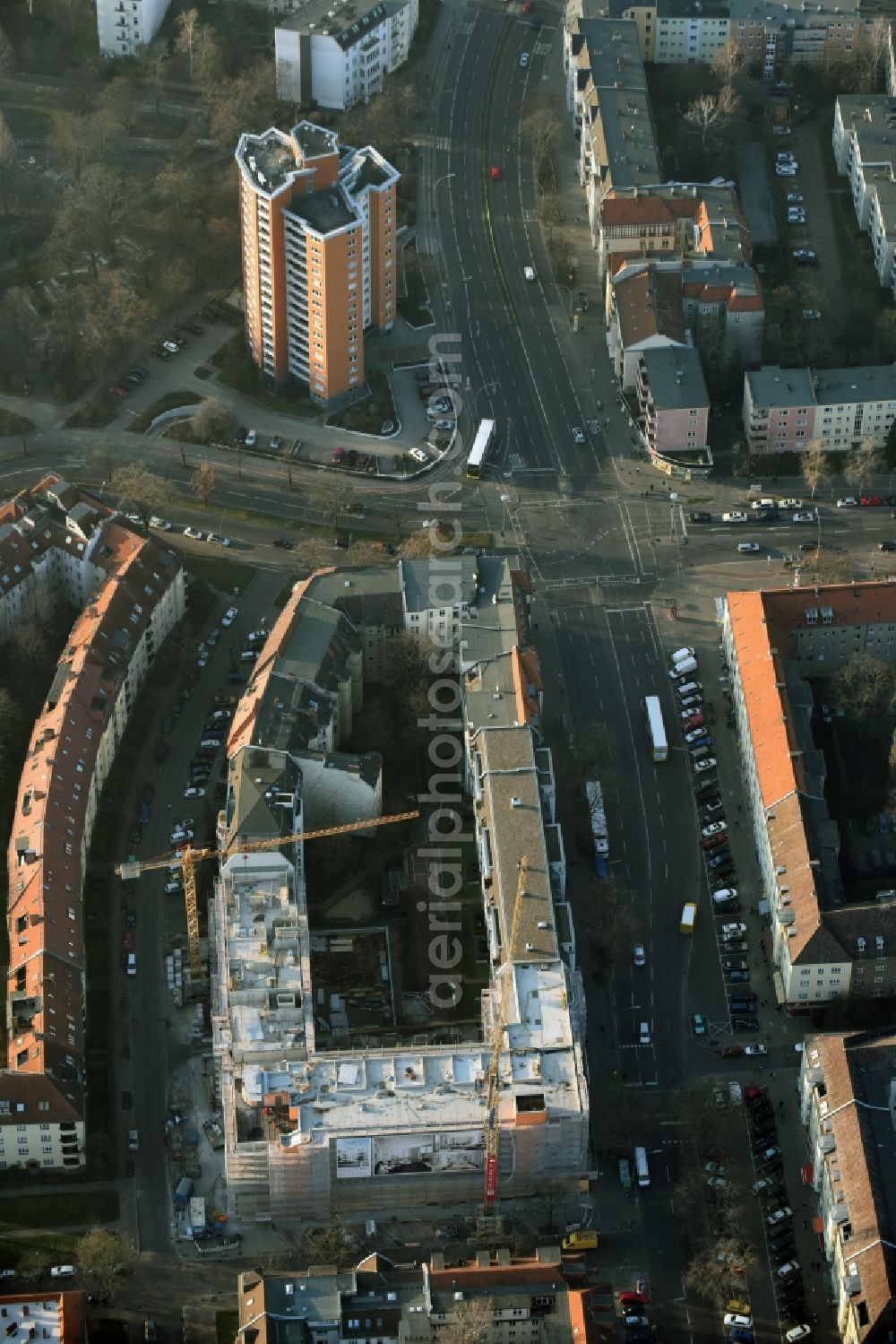 Aerial image Berlin - Construction site to build a new multi-family residential complex of ACCENTRO GmbH on Presselstrasse Steglitz in Berlin in Germany