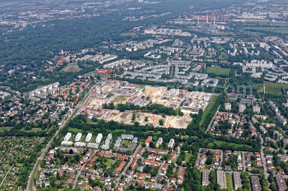 München from the bird's eye view: Construction site to build a new multi-family residential complex Prinz-Eugen-Park on Rith-Drexel-Strasse in the district Bogenhausen in Munich in the state Bavaria, Germany