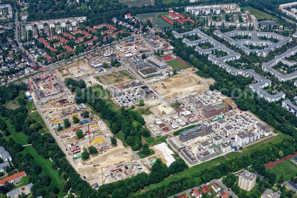 Aerial photograph München - Construction site to build a new multi-family residential complex Prinz-Eugen-Park on Rith-Drexel-Strasse in the district Bogenhausen in Munich in the state Bavaria, Germany