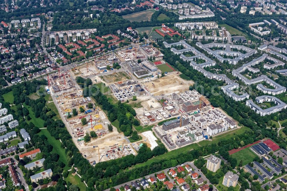 München from above - Construction site to build a new multi-family residential complex Prinz-Eugen-Park on Rith-Drexel-Strasse in the district Bogenhausen in Munich in the state Bavaria, Germany