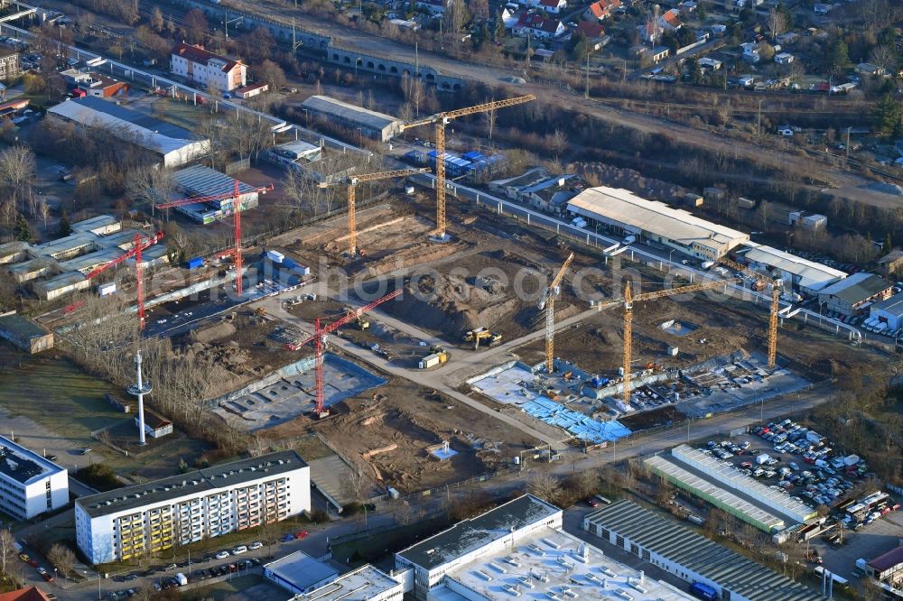 Aerial photograph Erfurt - Construction site to build a new multi-family residential complex of Projektgesellschaft Erfurt Nr.8 GmbH on Geschwister-Scholl-Strasse - Am Alten Nordhaeuser Bahnhof in the district Kraempfervorstadt in Erfurt in the state Thuringia, Germany