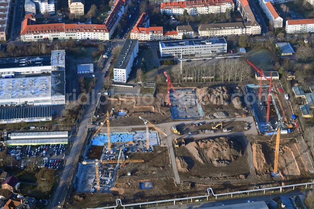 Aerial image Erfurt - Construction site to build a new multi-family residential complex of Projektgesellschaft Erfurt Nr.8 GmbH on Geschwister-Scholl-Strasse - Am Alten Nordhaeuser Bahnhof in the district Kraempfervorstadt in Erfurt in the state Thuringia, Germany