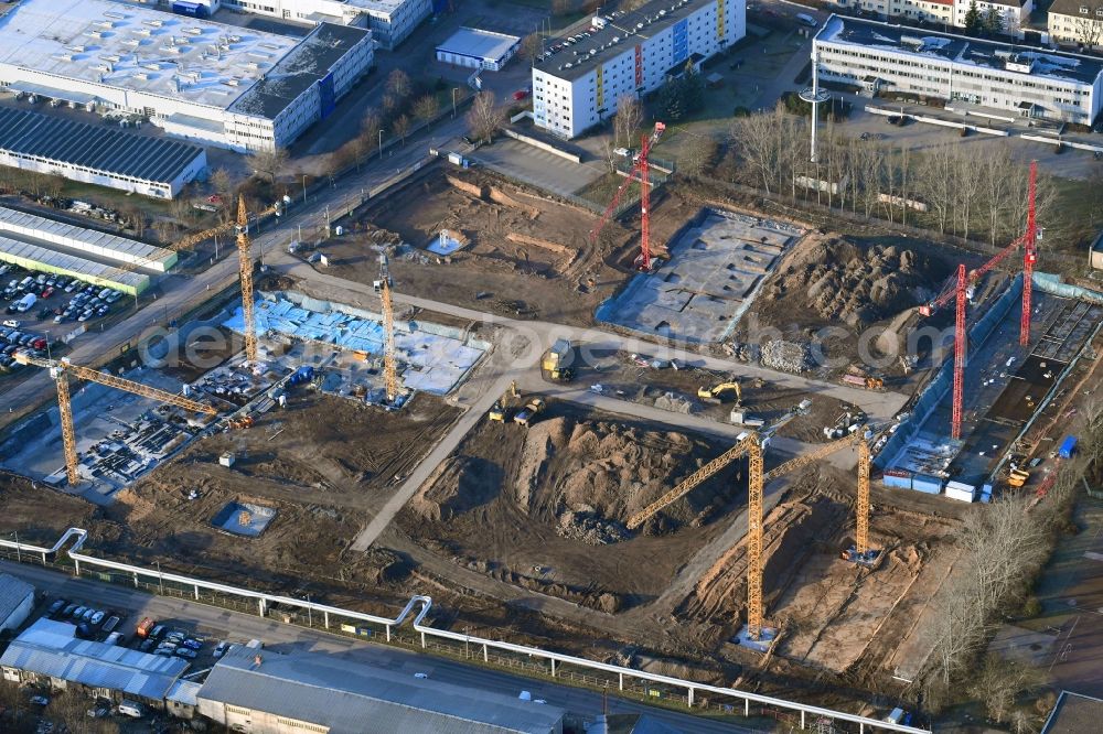 Erfurt from above - Construction site to build a new multi-family residential complex of Projektgesellschaft Erfurt Nr.8 GmbH on Geschwister-Scholl-Strasse - Am Alten Nordhaeuser Bahnhof in the district Kraempfervorstadt in Erfurt in the state Thuringia, Germany