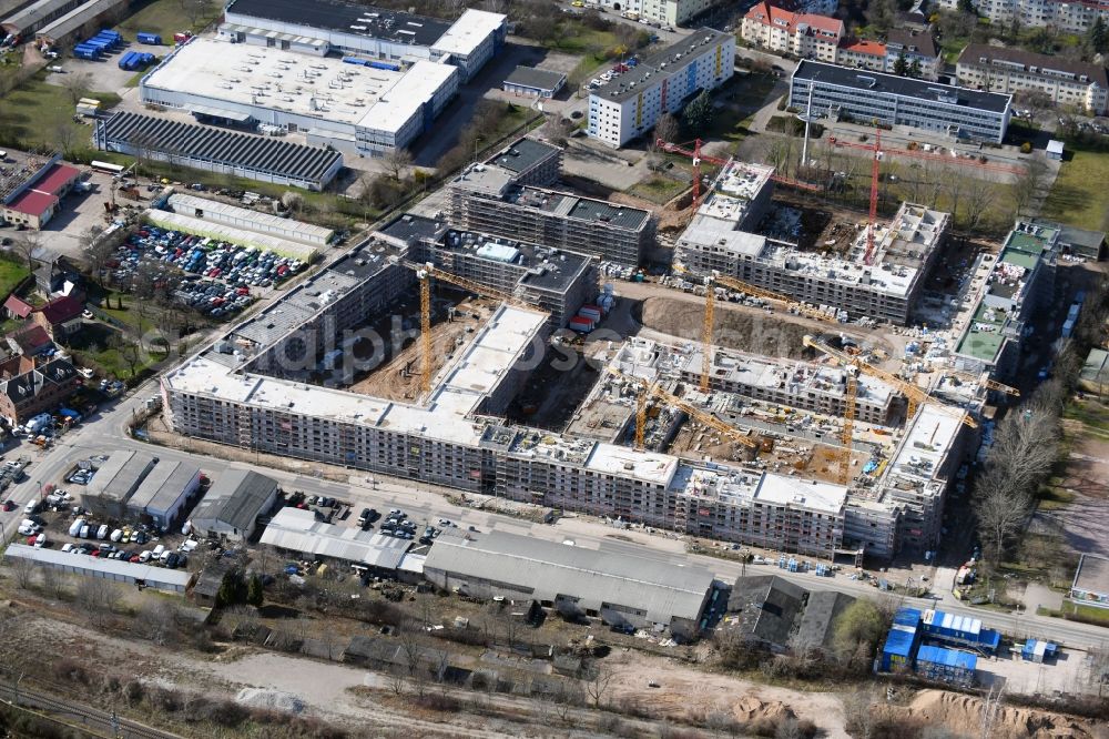 Aerial image Erfurt - Construction site to build a new multi-family residential complex of Projektgesellschaft Erfurt Nr.8 GmbH on Geschwister-Scholl-Strasse - Am Alten Nordhaeuser Bahnhof in the district Kraempfervorstadt in Erfurt in the state Thuringia, Germany