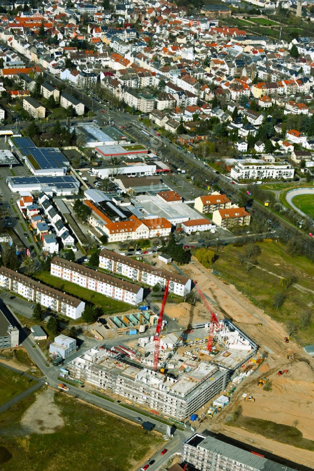 Darmstadt from above - Construction site to build a new multi-family residential complex of the project Mary & Abe on Franklinstrasse - Noackstrasse in the district Darmstadt-Bessungen in Darmstadt in the state Hesse, Germany