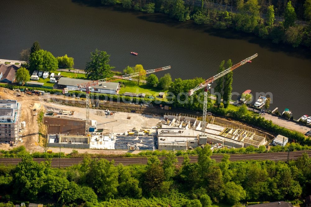 Essen from above - Construction site to build a new multi-family residential complex Promenadenweg on river banks of Ruhr in the district Kettwig in Essen in the state North Rhine-Westphalia