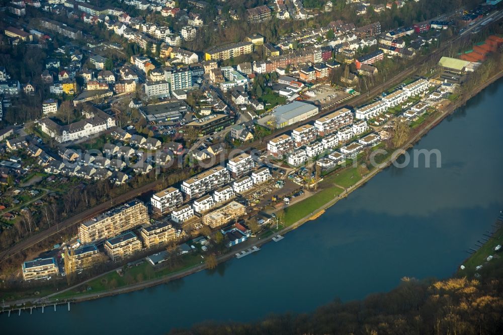 Essen from the bird's eye view: Construction site to build a new multi-family residential complex Promenadenweg on river banks of Ruhr in the district Kettwig in Essen in the state North Rhine-Westphalia