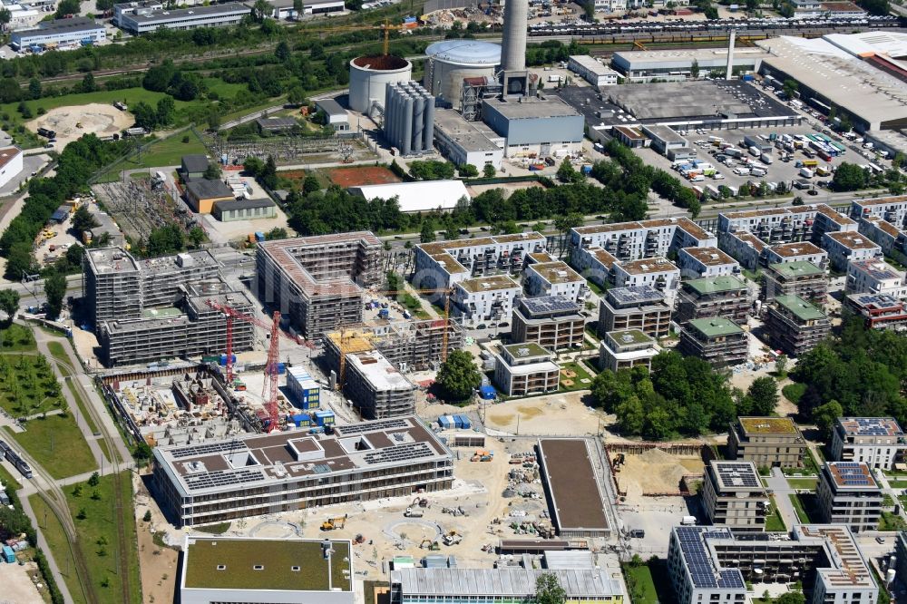 München from above - Construction site to build a new multi-family residential complex Quarter City II on Quarter City II - Bauhausplatz in Domagkpark in the district Schwabing-Freimann in Munich in the state Bavaria, Germany