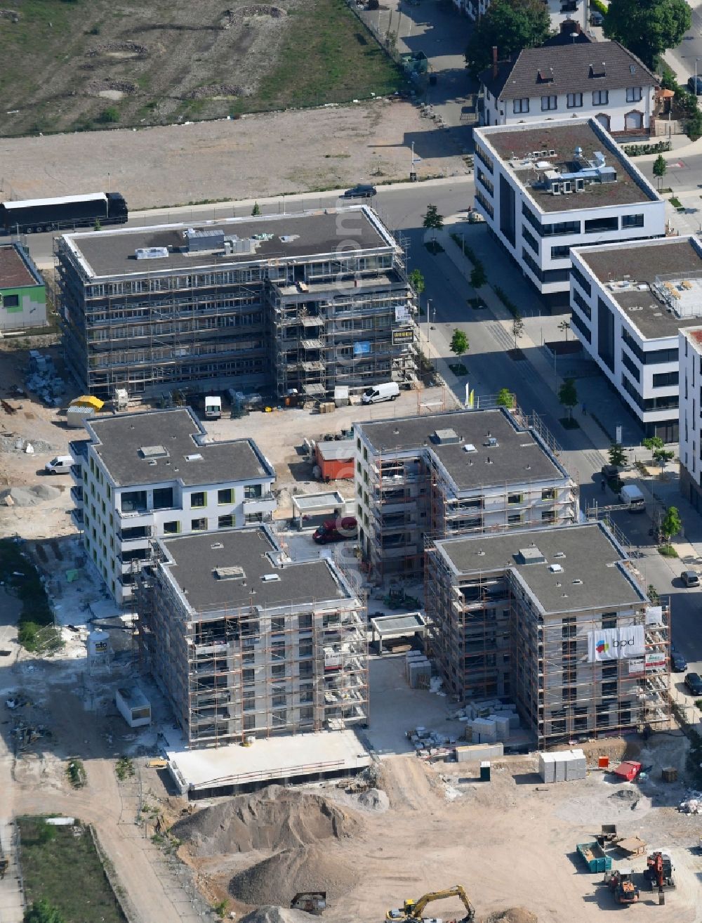 Freiburg im Breisgau from above - Construction site to build a new multi-family residential complex Quartier on den alten Zollhallen of BPD Immobilienentwicklung GmbH on Ellen-Gottlieb-Strasse in Freiburg im Breisgau in the state Baden-Wuerttemberg, Germany