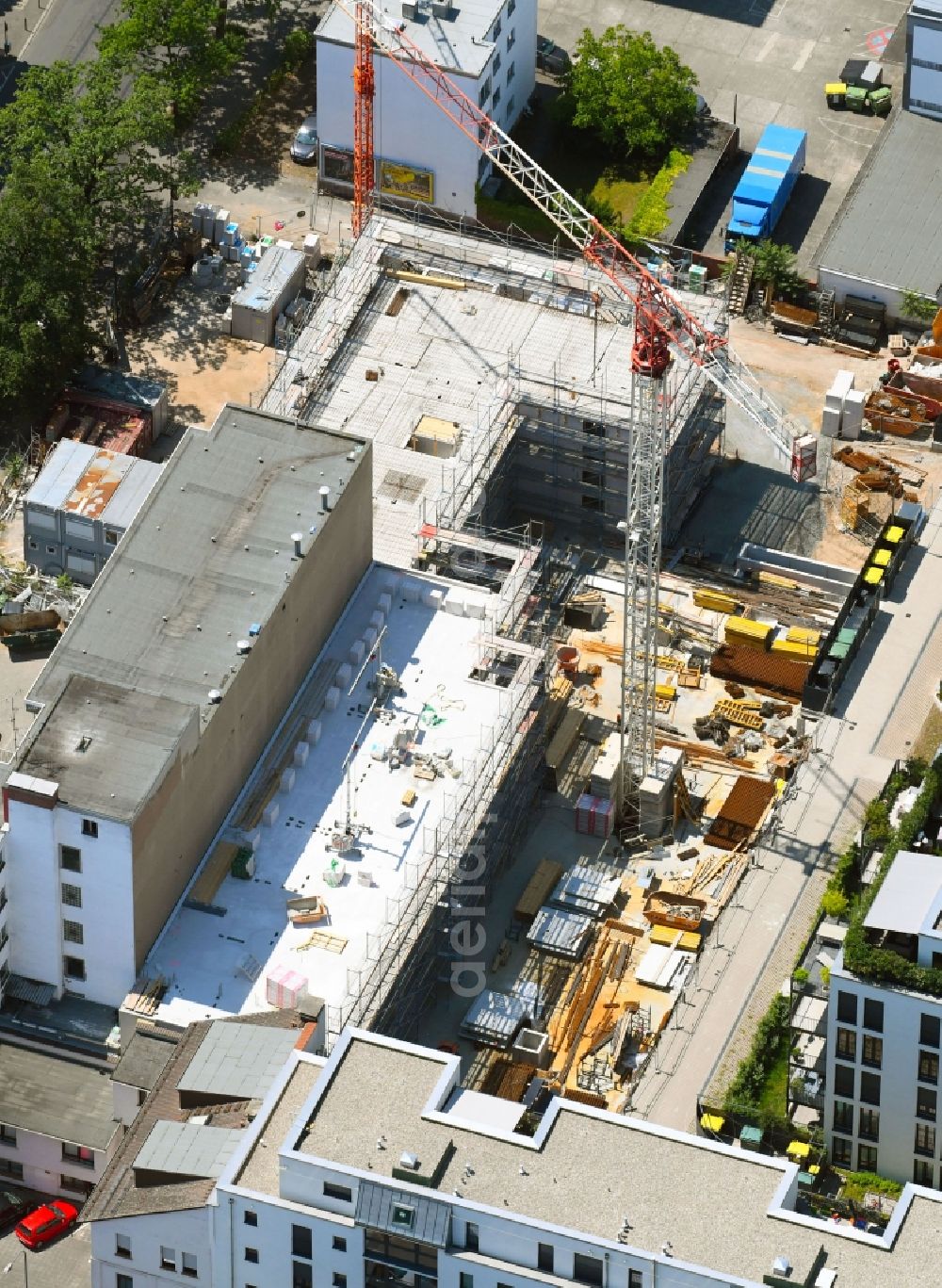 Offenbach am Main from above - Construction site to build a new multi-family residential complex Quartier Luisenhof on Luisenstrasse in the district Nordend in Offenbach am Main in the state Hesse, Germany