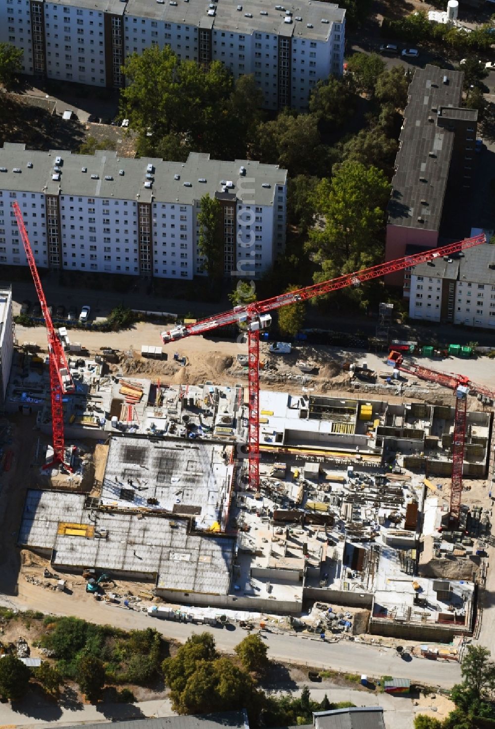 Berlin from above - Construction site to build a new multi-family residential complex Quartier Luisenpark on Stallschreiberstrasse - Alexandrinenstrasse in the district Mitte in Berlin, Germany