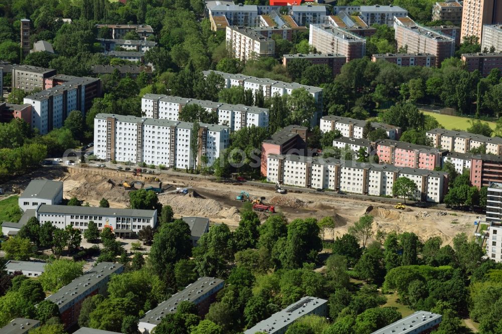 Berlin from above - Construction site to build a new multi-family residential complex Quartier Luisenpark on Stallschreiberstrasse - Alexandrinenstrasse in the district Mitte in Berlin, Germany