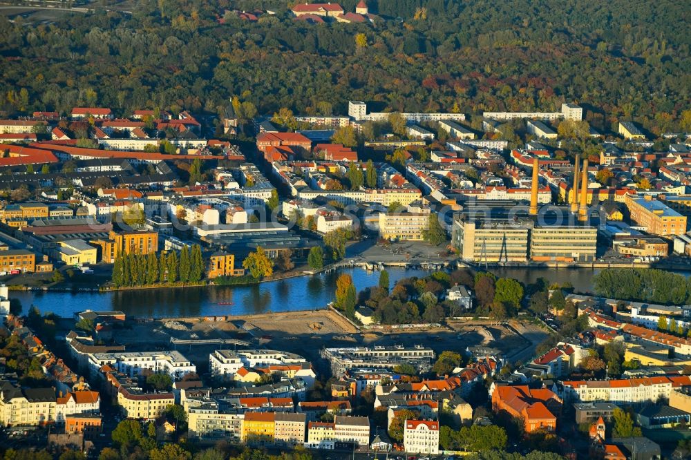 Berlin from above - Construction site to build a new multi-family residential complex Fliessstrasse - Hasselwerder Strasse on river Spree in the district Schoeneweide in Berlin, Germany