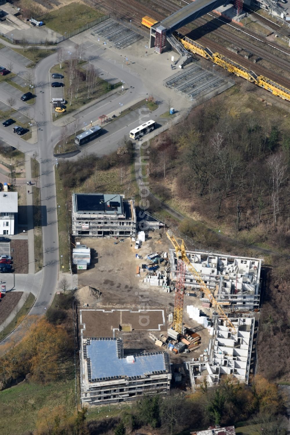 Aerial image Fredersdorf-Vogelsdorf - Construction site to build a new multi-family residential complex Refugium am Muehlenfliess an der Brueckenstrasse in Fredersdorf-Vogelsdorf in the state Brandenburg