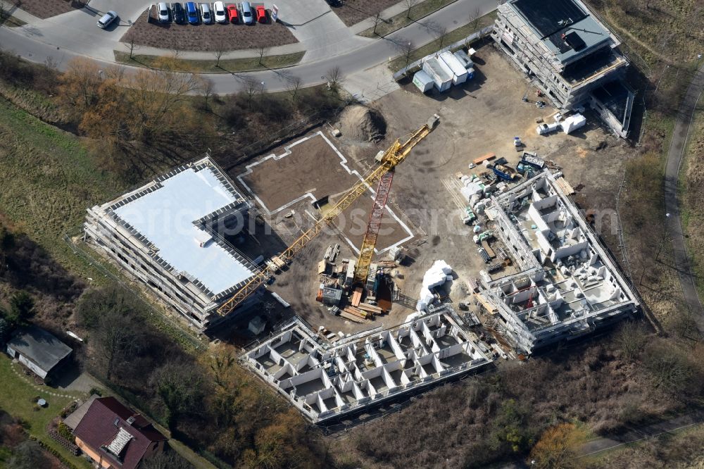 Fredersdorf-Vogelsdorf from above - Construction site to build a new multi-family residential complex Refugium am Muehlenfliess an der Brueckenstrasse in Fredersdorf-Vogelsdorf in the state Brandenburg