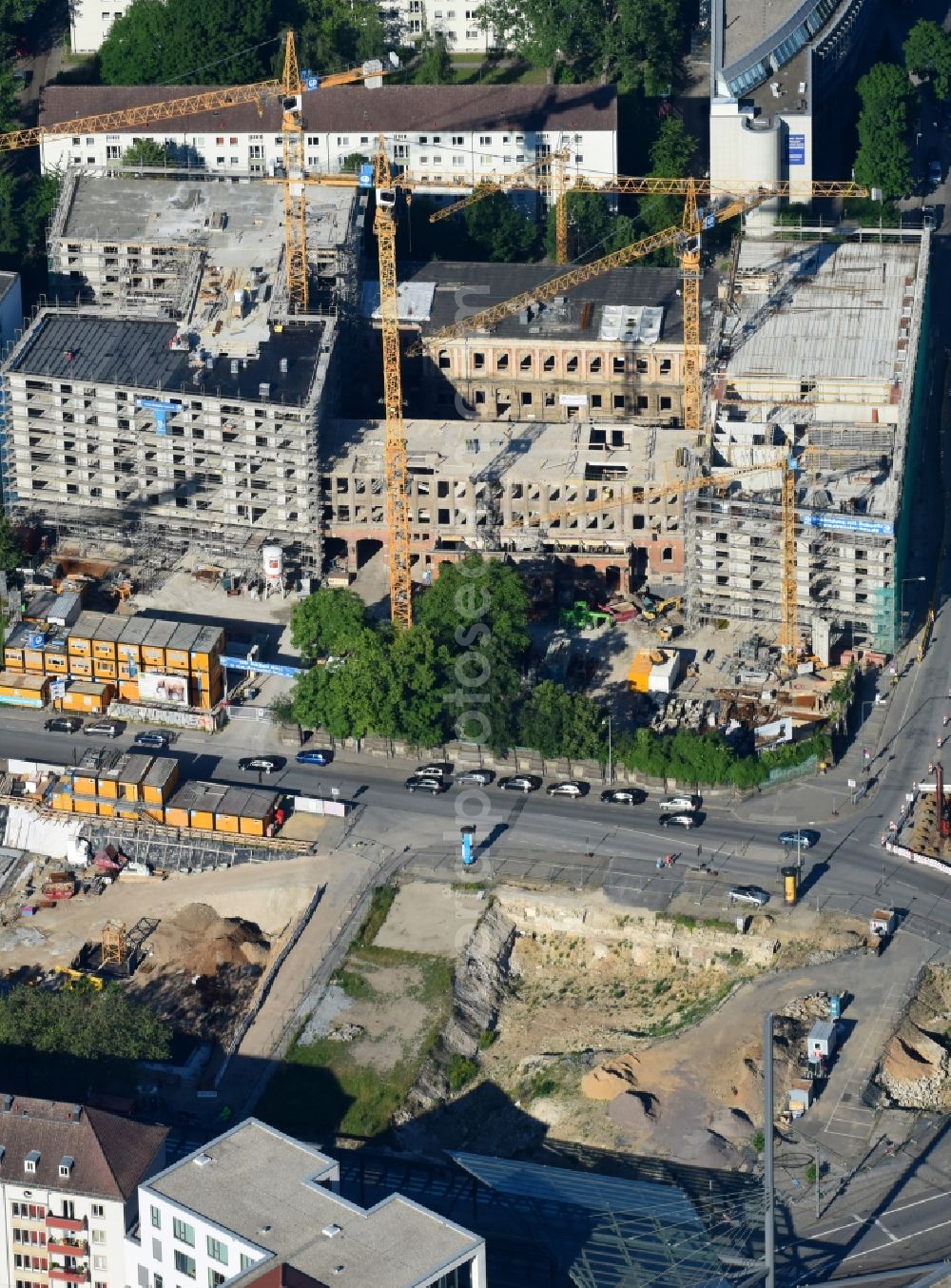 Dresden from the bird's eye view: Construction site to build a new multi-family residential complex Residenz on Postplatz of Consus Real Estate AG (ehemals CG Gruppe AG) on Annenstrasse in the district Altstadt in Dresden in the state Saxony, Germany