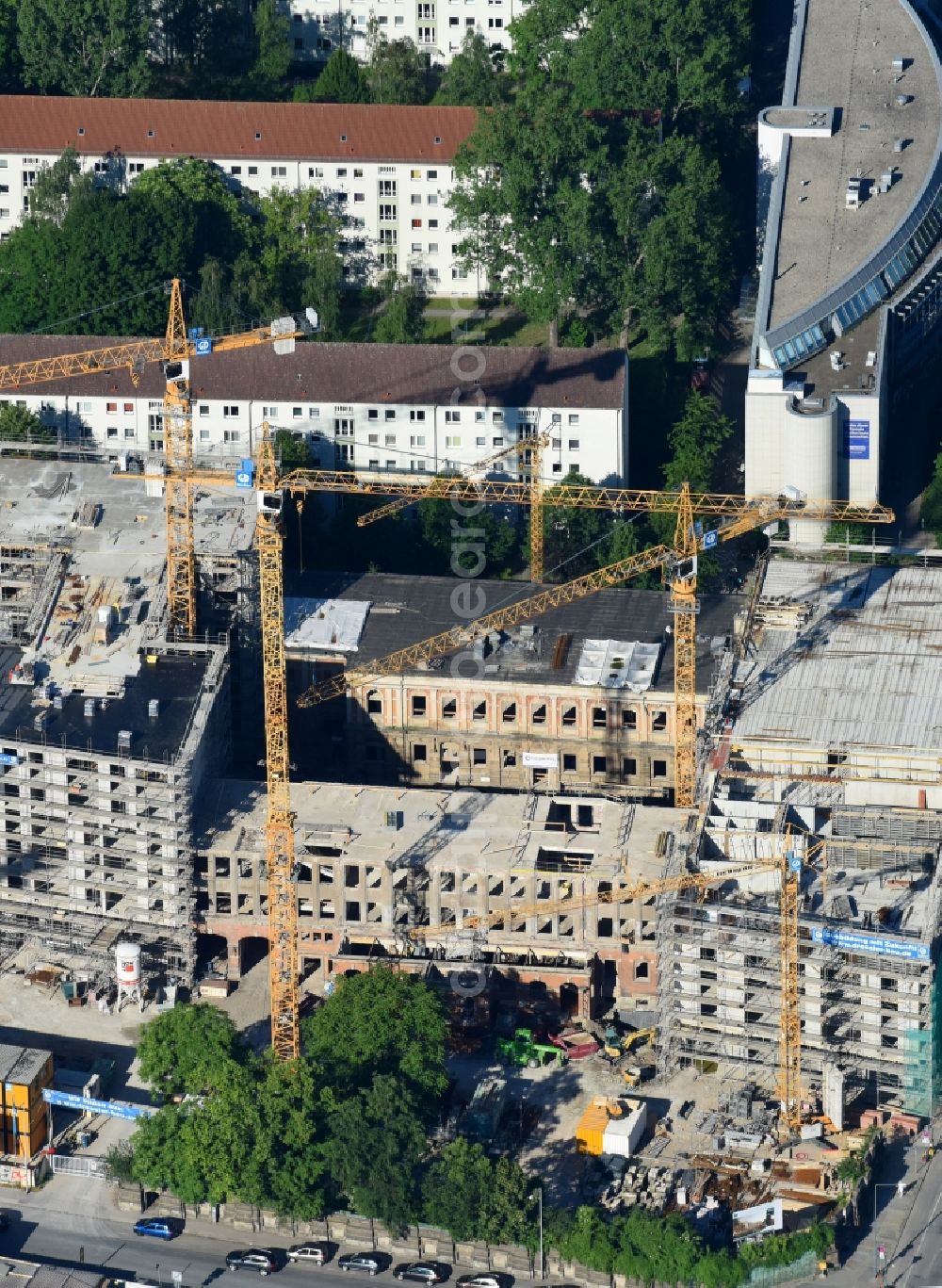 Dresden from above - Construction site to build a new multi-family residential complex Residenz on Postplatz of Consus Real Estate AG (ehemals CG Gruppe AG) on Annenstrasse in the district Altstadt in Dresden in the state Saxony, Germany