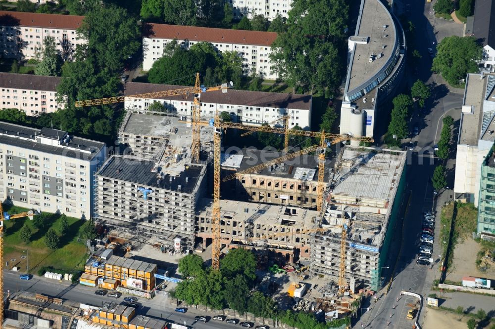 Dresden from the bird's eye view: Construction site to build a new multi-family residential complex Residenz on Postplatz of Consus Real Estate AG (ehemals CG Gruppe AG) on Annenstrasse in the district Altstadt in Dresden in the state Saxony, Germany