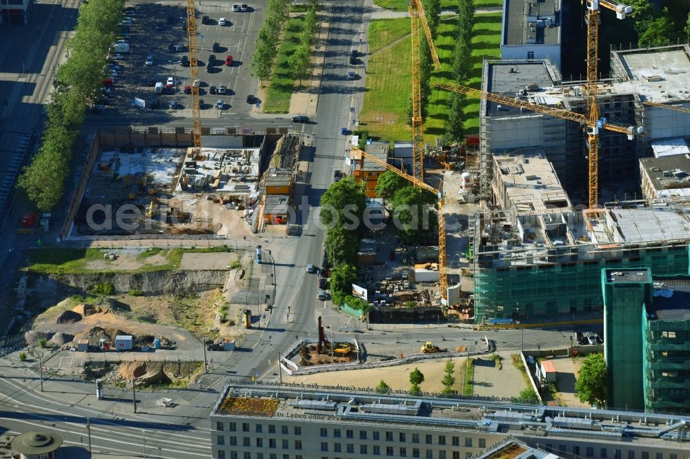 Dresden from the bird's eye view: Construction site to build a new multi-family residential complex Residenz on Postplatz of Consus Real Estate AG (ehemals CG Gruppe AG) on Annenstrasse in the district Altstadt in Dresden in the state Saxony, Germany