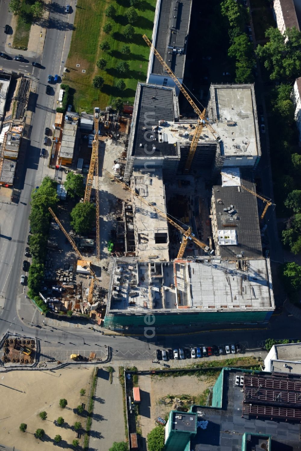 Dresden from above - Construction site to build a new multi-family residential complex Residenz on Postplatz of Consus Real Estate AG (ehemals CG Gruppe AG) on Annenstrasse in the district Altstadt in Dresden in the state Saxony, Germany