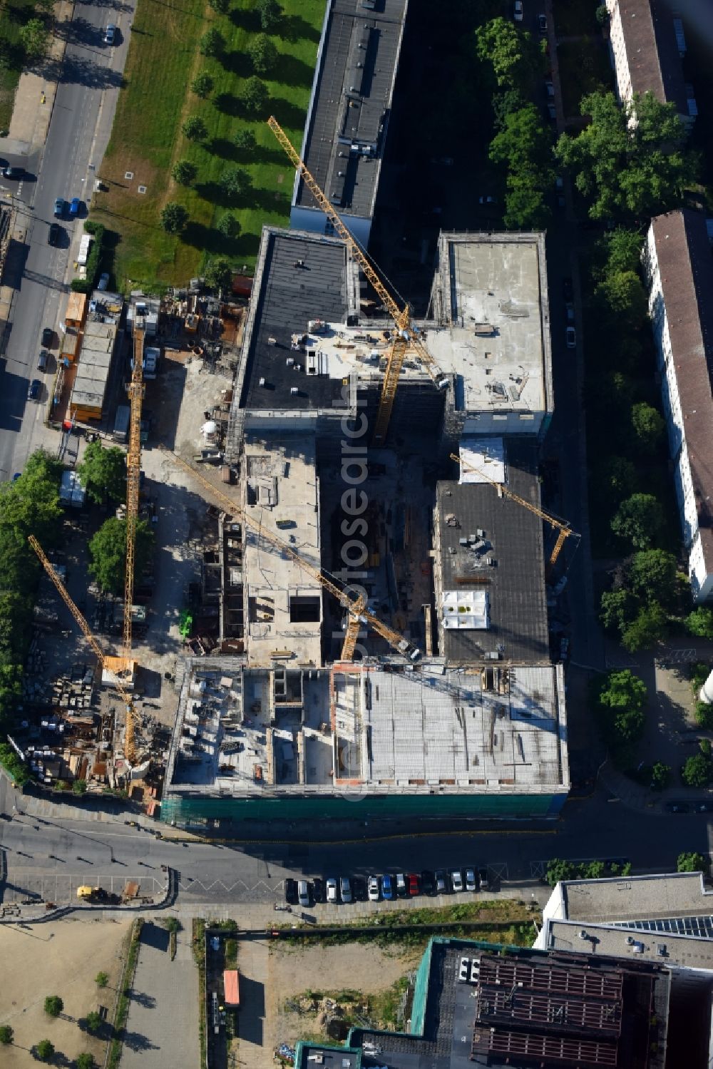 Dresden from the bird's eye view: Construction site to build a new multi-family residential complex Residenz on Postplatz of Consus Real Estate AG (ehemals CG Gruppe AG) on Annenstrasse in the district Altstadt in Dresden in the state Saxony, Germany