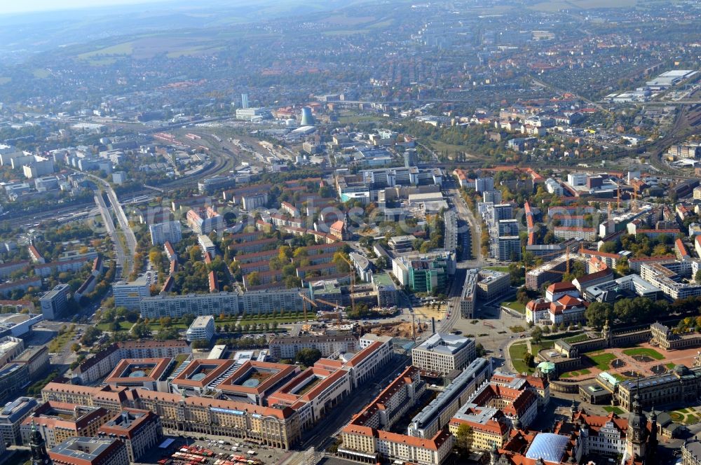 Aerial photograph Dresden - Construction site to build a new multi-family residential complex Residenz on Postplatz of Consus Real Estate AG (ehemals CG Gruppe AG) on Annenstrasse in the district Altstadt in Dresden in the state Saxony, Germany