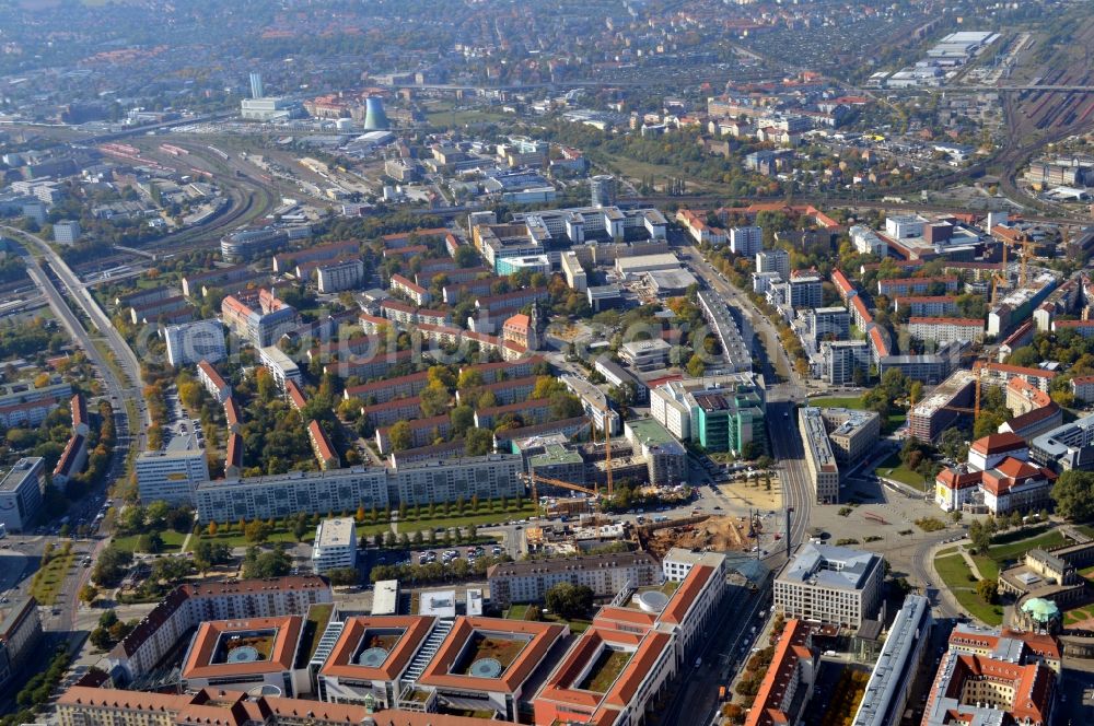 Dresden from above - Construction site to build a new multi-family residential complex Residenz on Postplatz of Consus Real Estate AG (ehemals CG Gruppe AG) on Annenstrasse in the district Altstadt in Dresden in the state Saxony, Germany