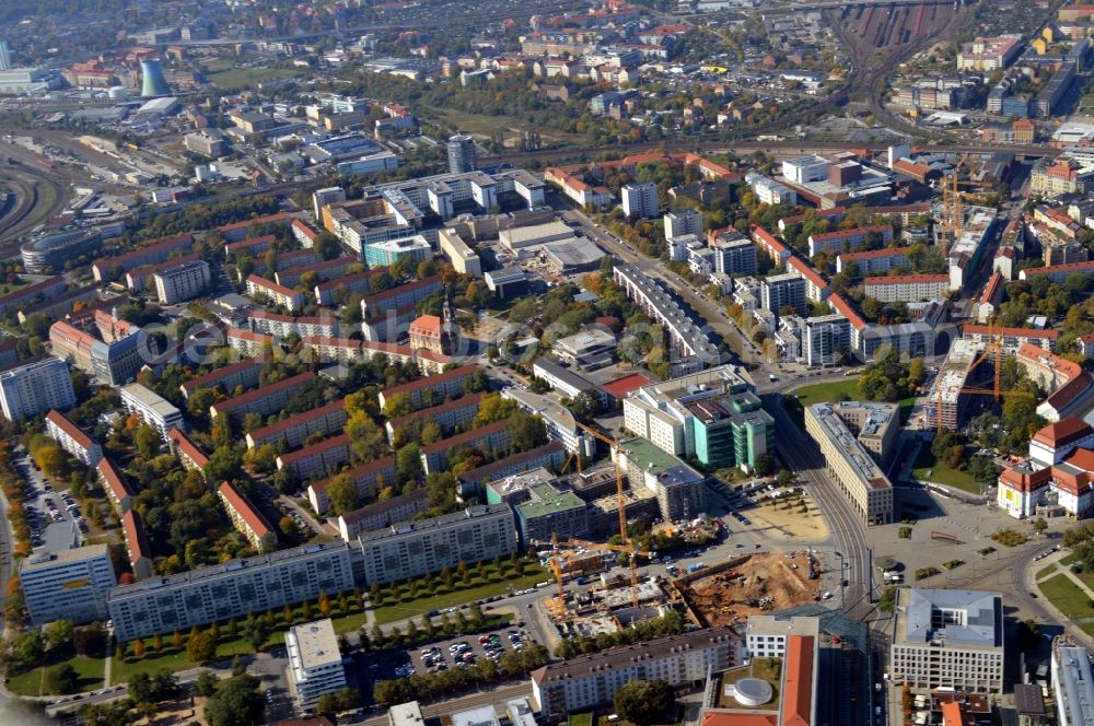 Dresden from the bird's eye view: Construction site to build a new multi-family residential complex Residenz on Postplatz of Consus Real Estate AG (ehemals CG Gruppe AG) on Annenstrasse in the district Altstadt in Dresden in the state Saxony, Germany